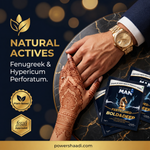FertillMed Bold & Deep sachets shown beside a couple holding hands, with natural actives from fenugreek and Hypericum perforatum.