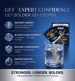 FertillMed Bold & Deep sachet being poured into a glass, highlighting instant energy, blood flow support, and male vitality