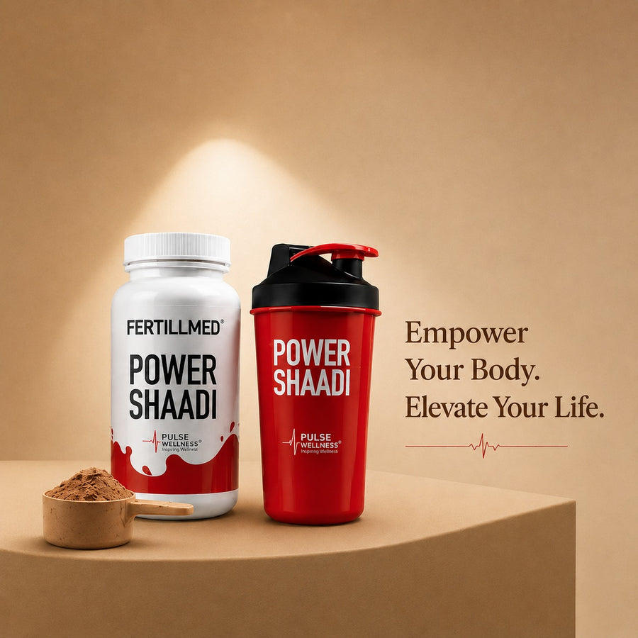 A fitness product set featuring a white and red bottle of Fertillmed Power Shaadi shake powder and a matching red shaker bottle with a black lid, alongside a small scoop of powder on a beige studio background with promotional text.